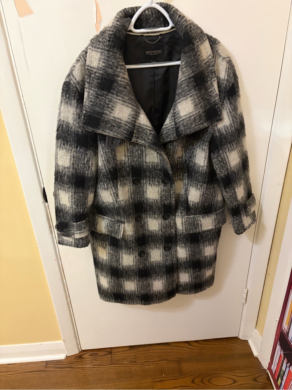 Banana Republic Black & Cream Plaid Wool-Blend Pea Coat